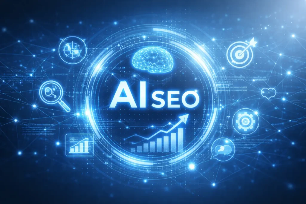 Illustration zu GEO (Generative Engine Optimization) mit KI-Gehirn, Suchsymbolen, Datenanalyse, Netzwerkverbindungen und wachsendem Diagramm in Blau.