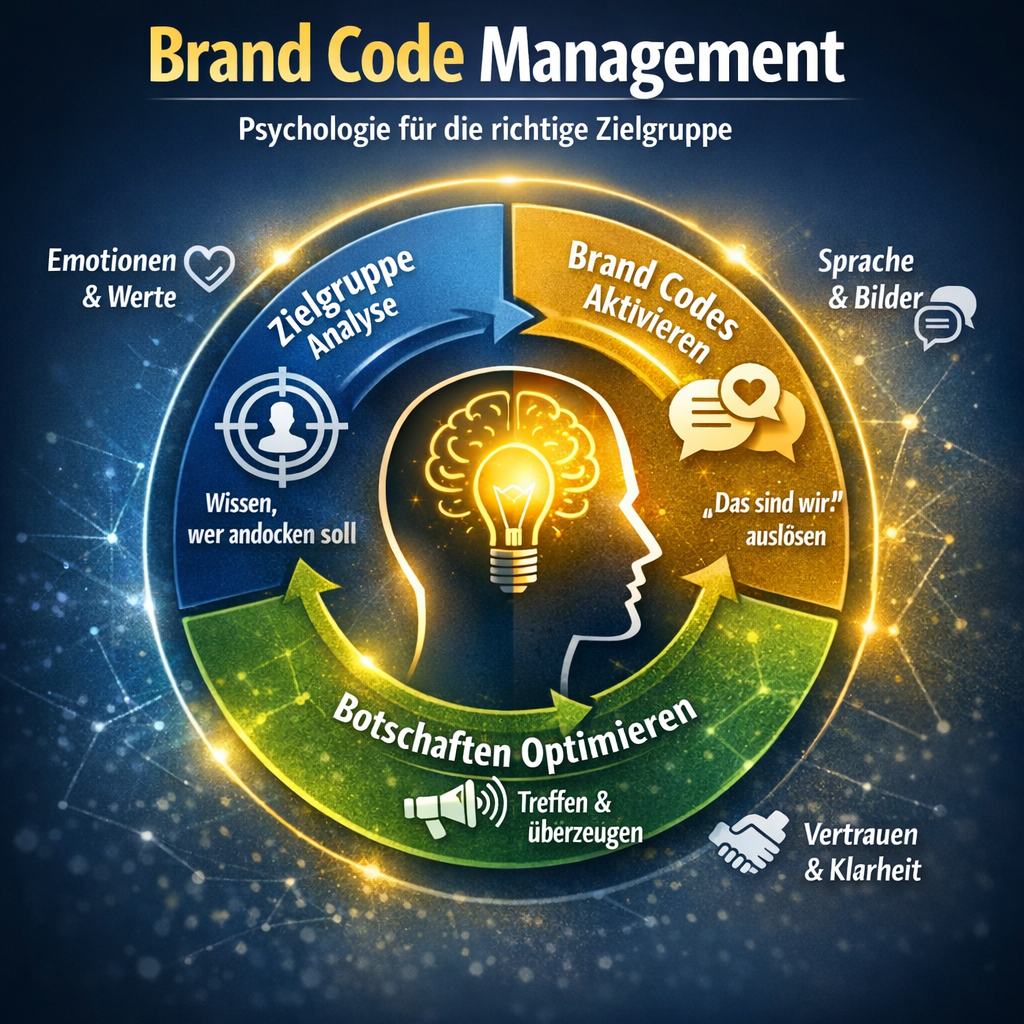 Das Bild zeigt den Kreislauf wie das Brand Code Management System Psychologie der Kunden analysiert und die passende Signale  aktivieren