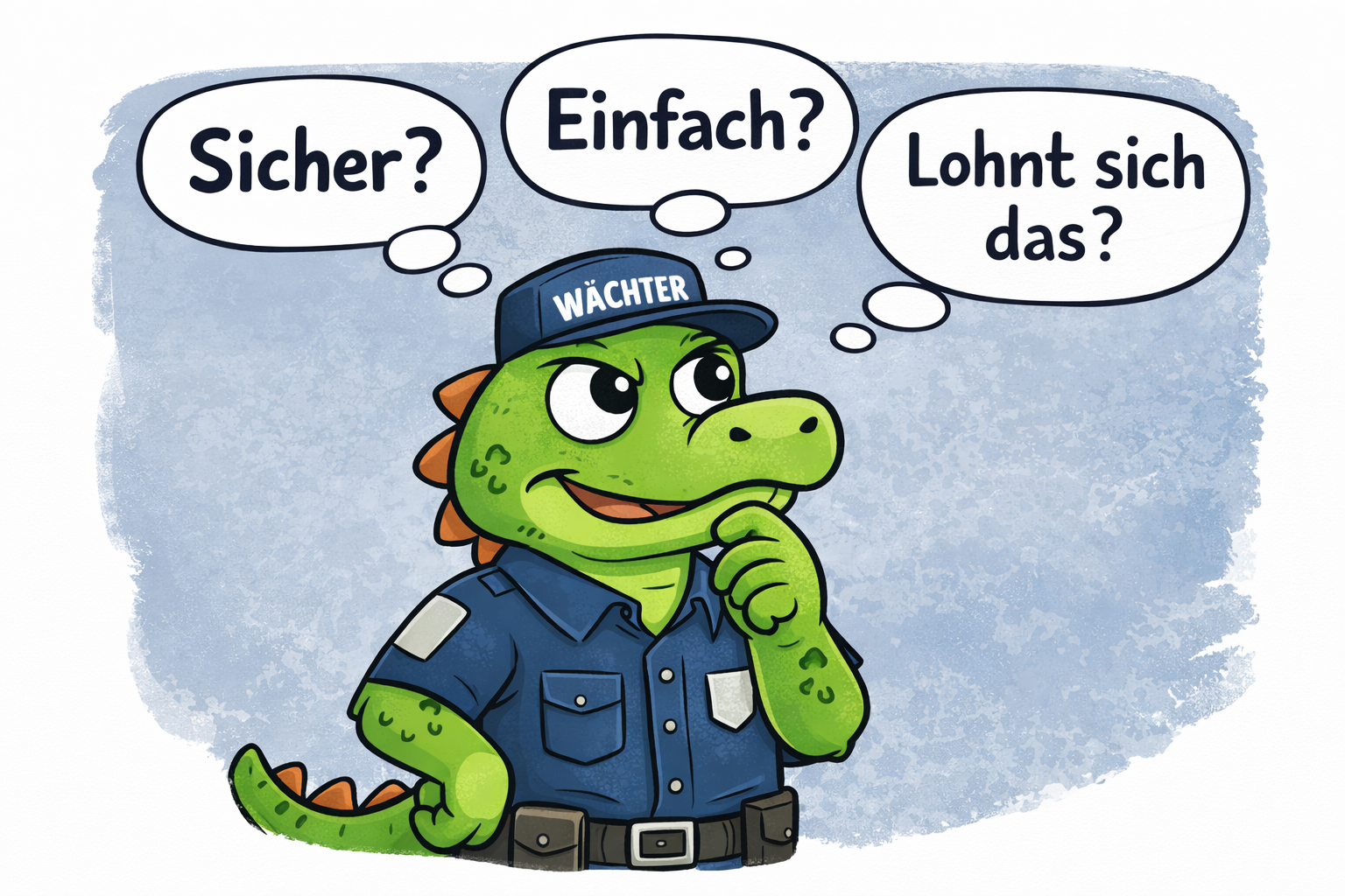 Reptiliengehirn im Neuromarketing: Wächter-Krokodil denkt „Sicher? Einfach? Lohnt sich das?“ – unbewusste Bewertung vor der rationalen Entscheidung.