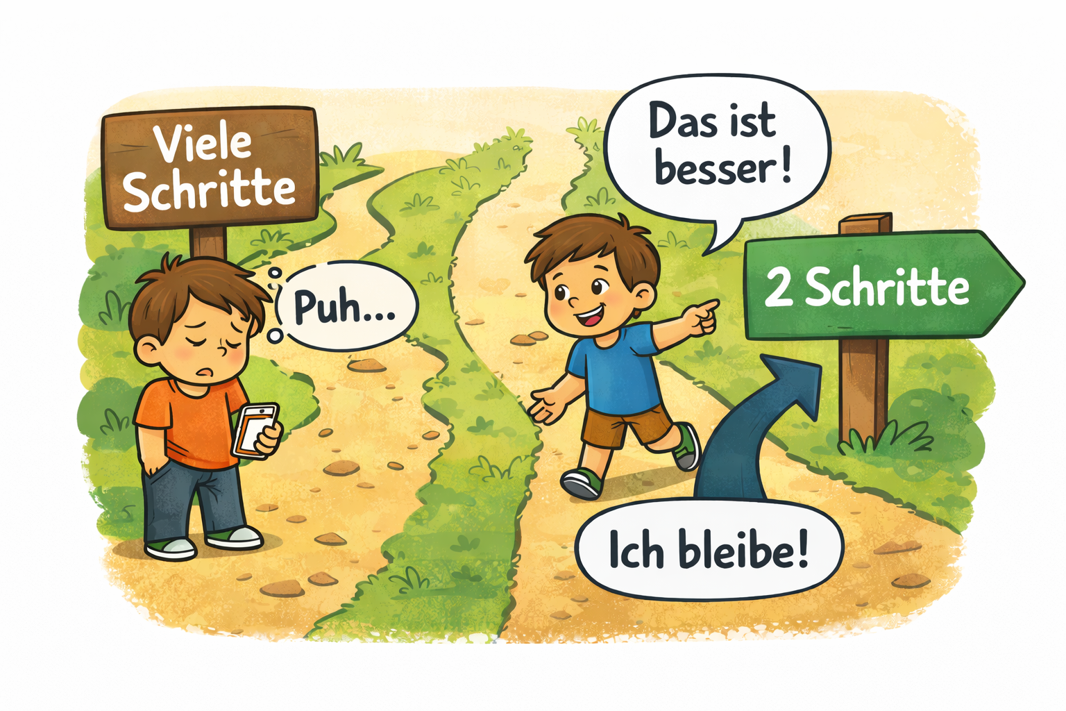 Branding-Comic: Kunde überfordert von „viele Schritte“, Kind zeigt „2 Schritte“ – Neuromarketing-Prinzip: Einfachheit erhöht Vertrauen und Conversion.