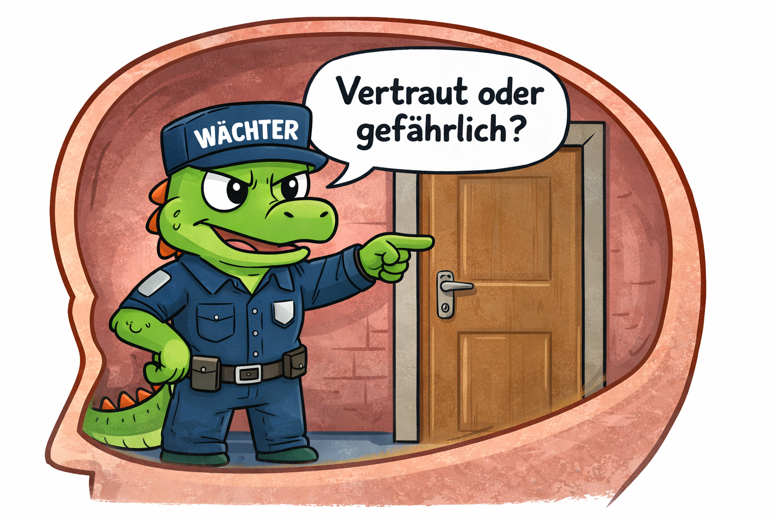 Comic zum Reptiliengehirn im Neuromarketing: Wächter-Krokodil prüft an einer Tür „vertraut oder gefährlich?“ – Vertrauen entscheidet.