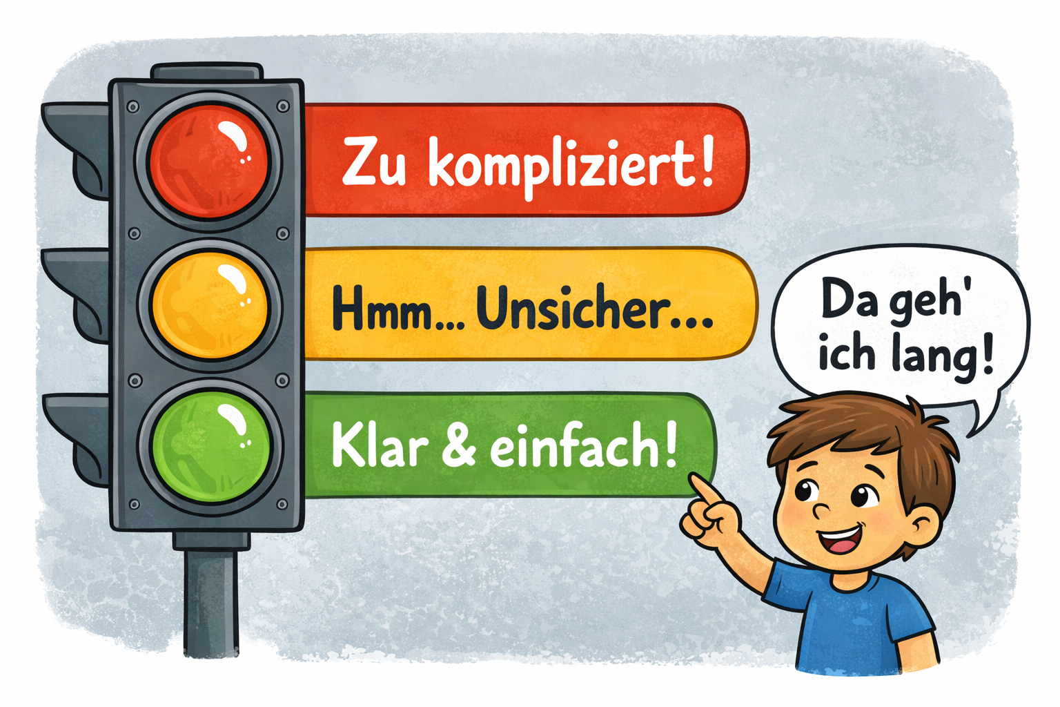 Neuromarketing-Comic: Ampel zeigt Kaufentscheidung im Branding – „zu kompliziert“, „unsicher“ oder „klar & einfach“; Kind wählt die einfache Option.