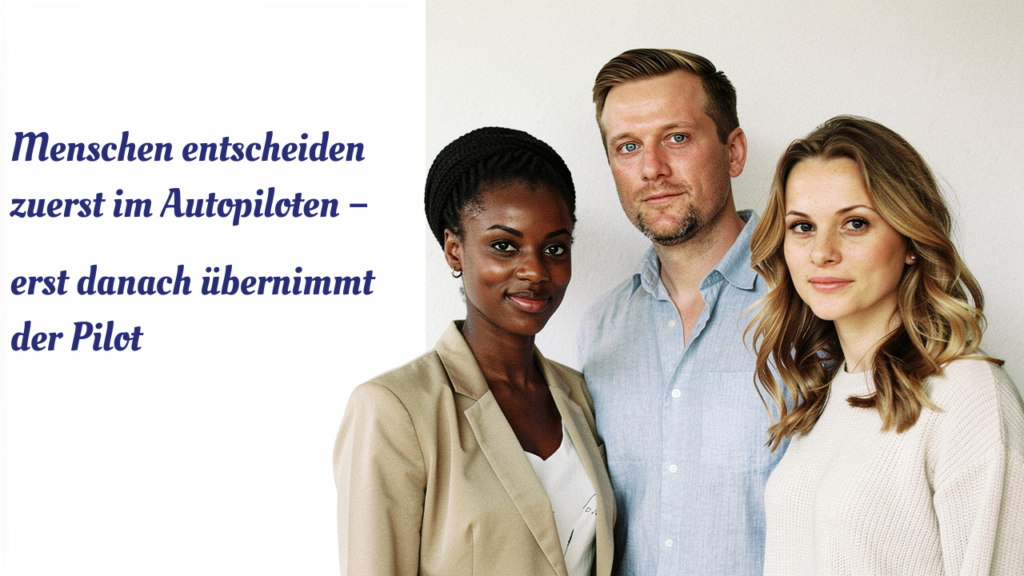 Drei Menschen stehen rechts auf dem Bild und wirken ruhig und zufrieden – Symbol für die positive Wirkung von Neuromarketing auf Branding