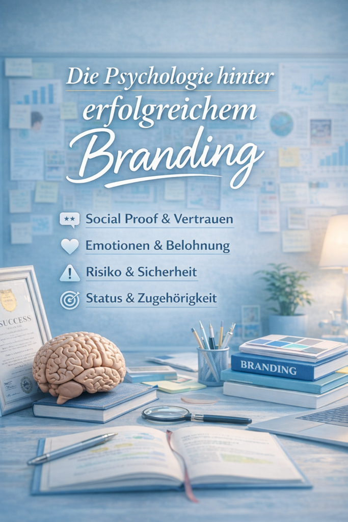 Branding Audit und Neuromarketing-Analyse zur Psychologie hinter erfolgreichem Branding mit Fokus auf Vertrauen, Social Proof, Emotionen, Sicherheit, Status und Conversion-Optimierung – dargestellt in einem strategischen Bürosetting mit Gehirnmodell und Branding-Büchern.